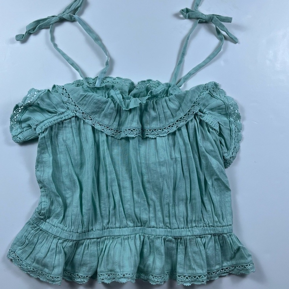 Womens Mint Green Ruffle Crochet Lace Tie Strap Cami Top XL Cottagecore Boho